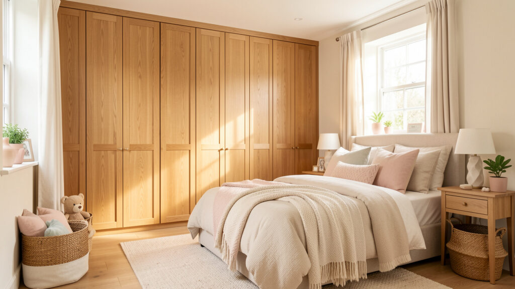 Chambre familiale lumineuse avec rangements en bois, textiles doux et décoration aux tons pastel, créant une ambiance apaisante et sécurisée.