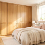 Chambre familiale lumineuse avec rangements en bois, textiles doux et décoration aux tons pastel, créant une ambiance apaisante et sécurisée.