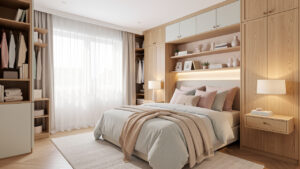Chambre familiale lumineuse et élégante avec rangements intégrés, textiles doux et ambiance apaisante.