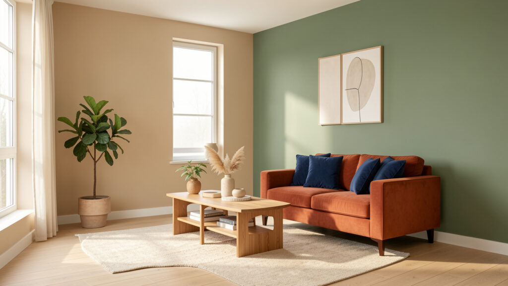 Salon contemporain lumineux aux murs beige chaud et vert sauge, avec un fauteuil terracotta, des touches de bleu profond et un parquet en chêne clair.