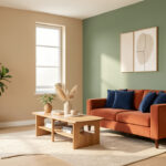 Comment associer 4 teintes de peinture à son aménagement pour moderniser sa maison ? Salon contemporain lumineux aux murs beige chaud et vert sauge, avec un fauteuil terracotta, des touches de bleu profond et un parquet en chêne clair.