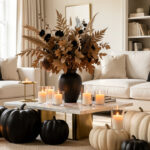 Comment créer 6 décorations d’Halloween élégantes, jamais kitsch ? Salon lumineux décoré avec des citrouilles noir mat et ivoire, des bougies dans des photophores en verre, un bouquet de feuillage séché et des détails en laiton.