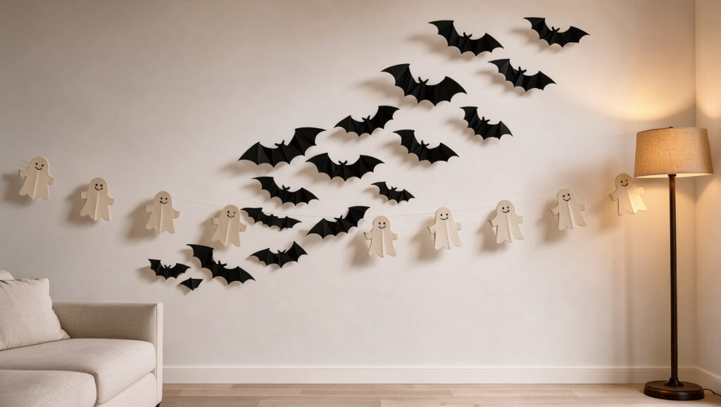 Mur blanc d’un salon décoré pour Halloween avec des chauves-souris en papier noir, une guirlande de fantômes et une douce lumière au sol, dans une ambiance élégante et légèrement inquiétante.