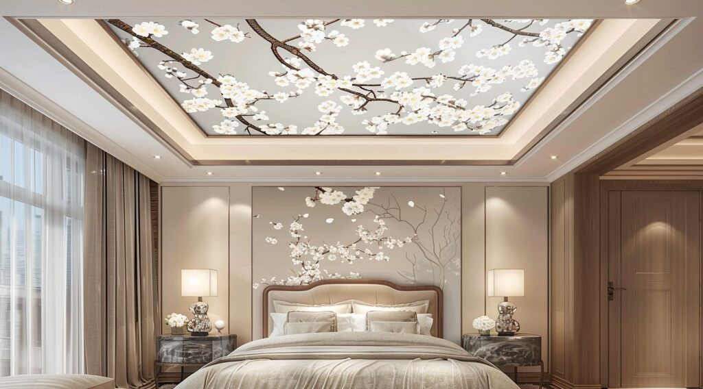 Chambre avec un papier peint décoratif posé au plafond au-dessus du lit.