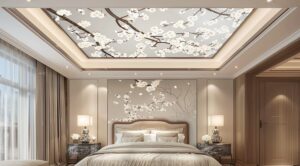 Chambre avec un papier peint décoratif posé au plafond au-dessus du lit.