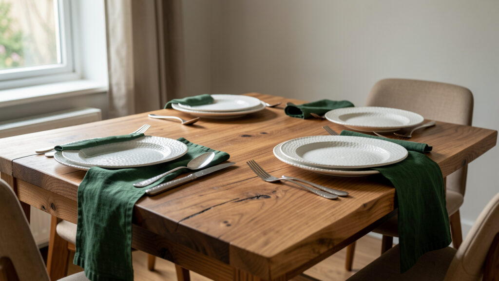 Table de salle à manger contemporaine inspirée des Arts and Crafts, dressée avec des assiettes blanches texturées, des couverts argentés martelés et du linge vert profond sous une lumière naturelle douce.
