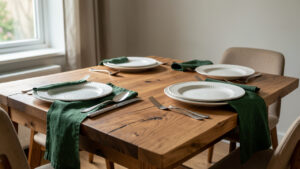 Table de salle à manger contemporaine inspirée des Arts and Crafts, dressée avec des assiettes blanches texturées, des couverts argentés martelés et du linge vert profond sous une lumière naturelle douce.